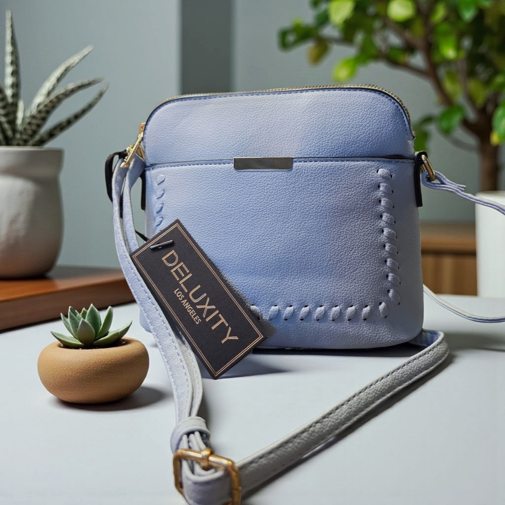 SALE! Soft Blue Mid-Sized Vegan Leather Crossbody Handbag - Picture 2 of 8